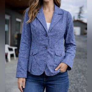 Live A Little Embroidered Cotton Blend Blazer Jacket Blue Floral Size S